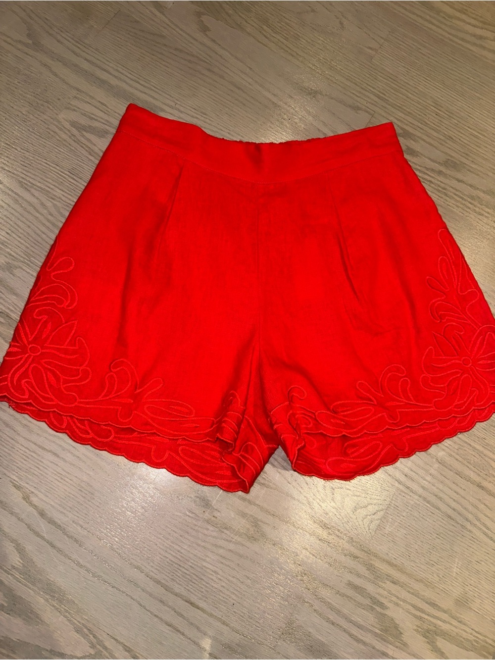 Magaschoni Bright Red Embroidered Scallop Hem Shorts